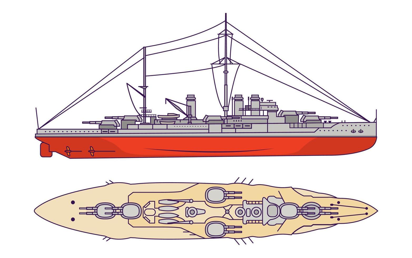 Battleship of the First World War and World War II. Combat naval artillery ship. Military ship with guns side view and top view. Line art flat vector illustration.