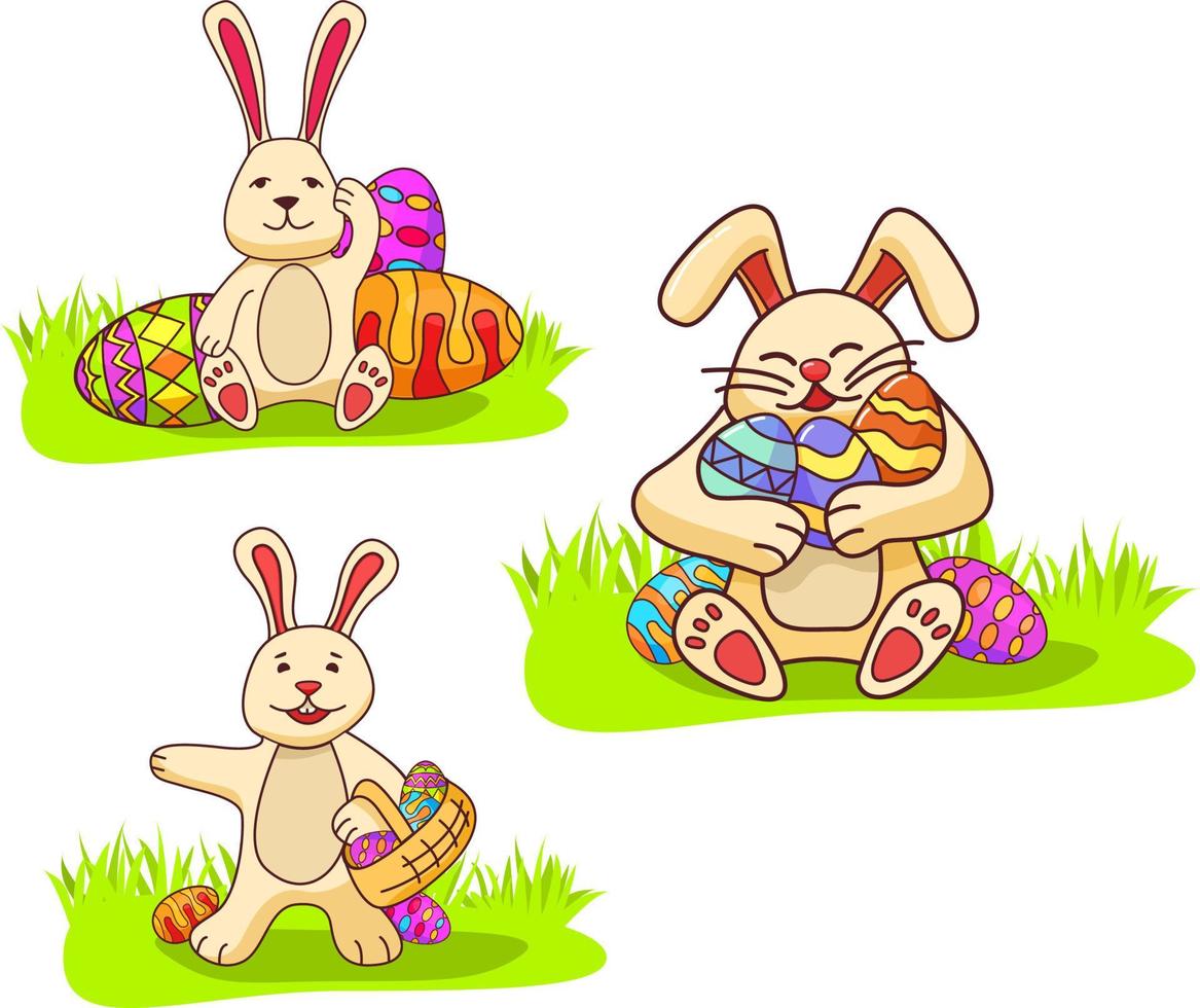 conejito sosteniendo huevos de pascua. banner festivo festivo vector plano. el conejo sostiene en la mano una canasta.