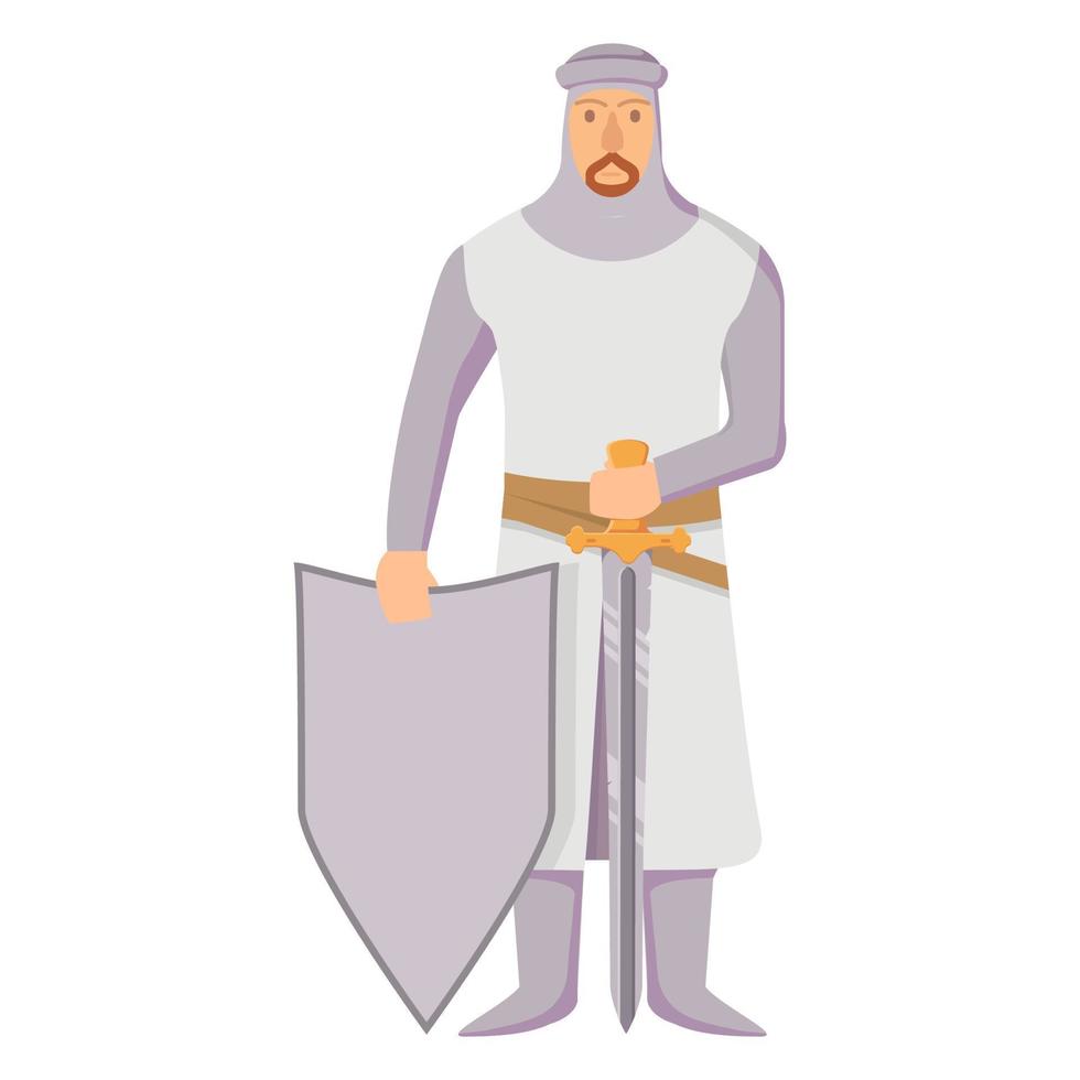 caballero medieval en armadura con escudo y espada.personaje de dibujos animados guerrero.vector de ilustración plana.aislado en un fondo blanco. vector