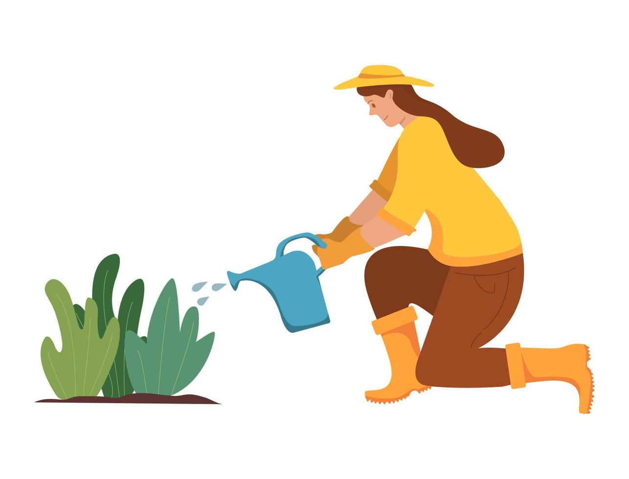 Woman waters plants from a watering can.Agriculture gardener hobby. Work in the garden. Farmer watering plant. Cartoon female character vector