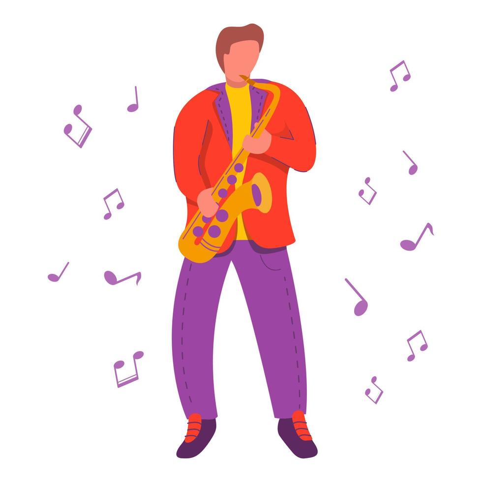 un joven saxofonista instrumentista.notas de ilustración de vector plano moderno.iconos de concepto para clubes y conservatorios.aislado en un fondo blanco.