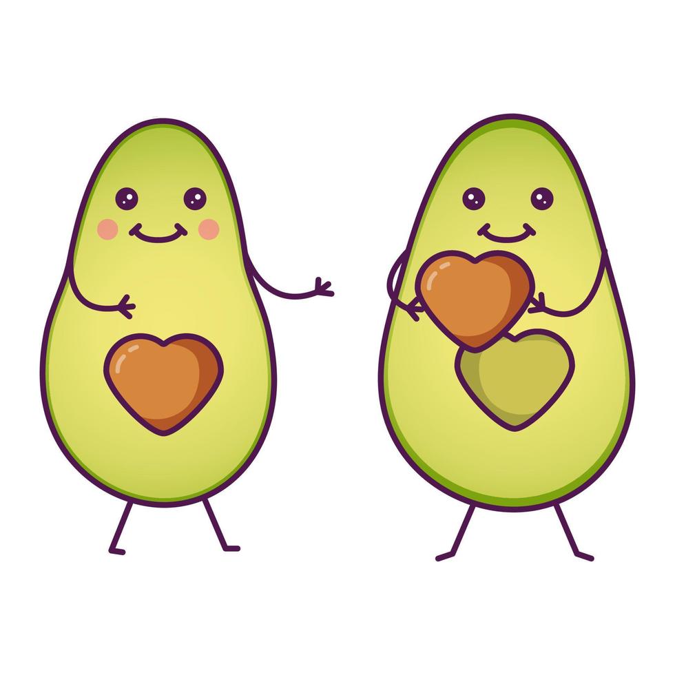 Cute cartoon avocado characters giving a heart. Romantic concept. Valentine's day greeting card.Line art vector illustration.Isolated on a white background.