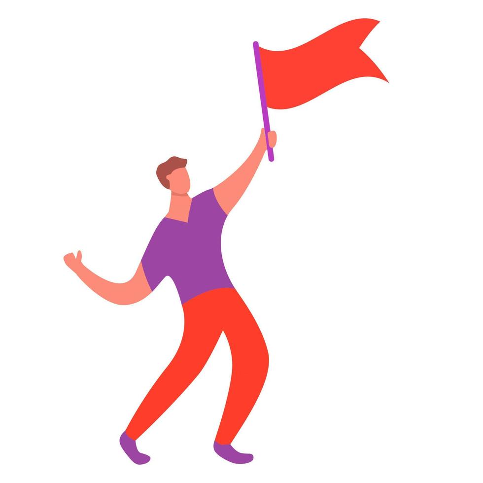 un hombre con una bandera roja. liderazgo, concepto de protesta. chico ondeando la bandera aislado sobre fondo blanco. personaje de dibujos animados hombre de negocios sosteniendo banner. vector ilustración plana.