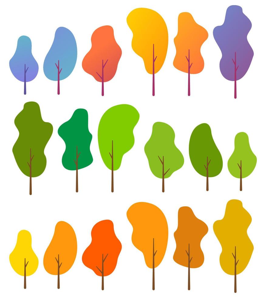 Set of colorful  autumn, summer trees. Isolated on white background.Vector flat illustration.Symbol for a mobile application or website. vector