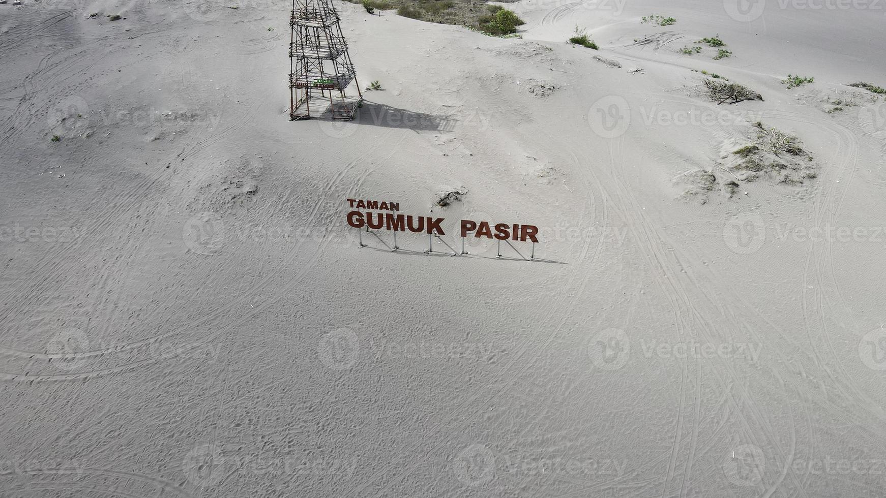 Aerial view of Gumuk Pasir park sign on Yogyakarta. Yogyakarta, Indonesia - November 2020 photo