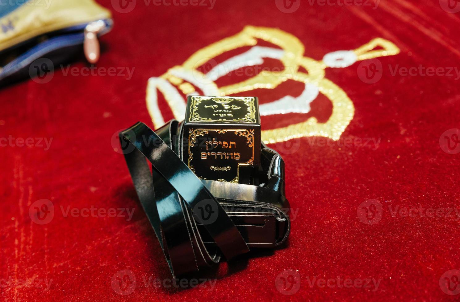 Tefillin. Bar Mitzvah background of a prayer shawl photo