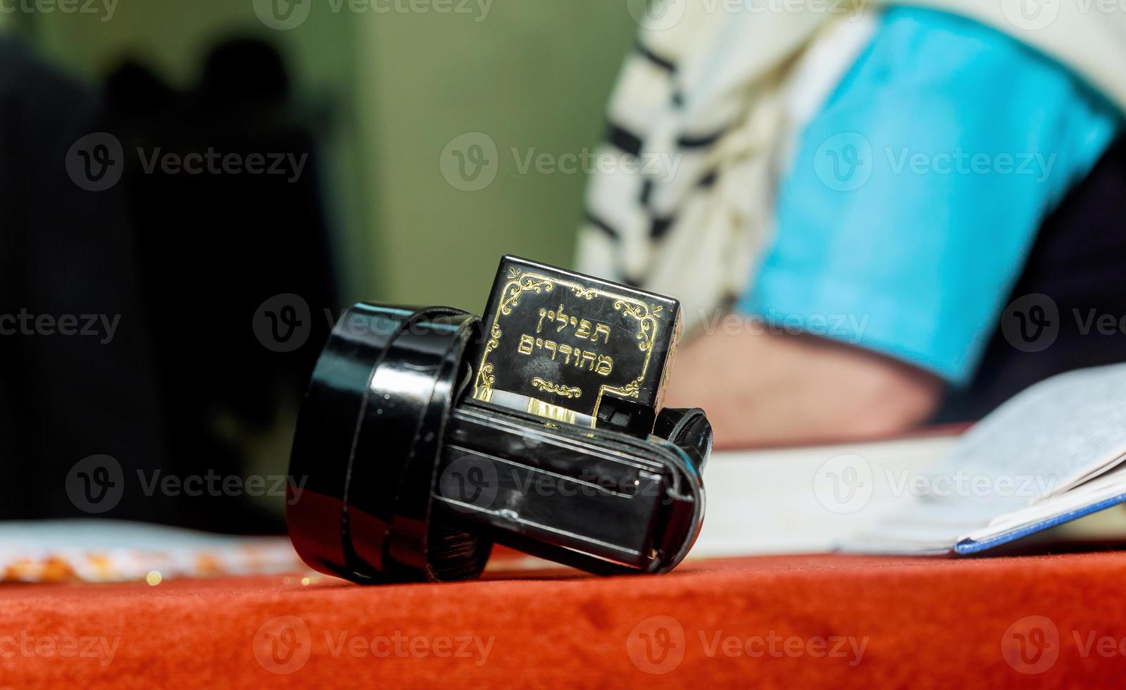 Tefillin. Bar Mitzvah background of a prayer shawl photo