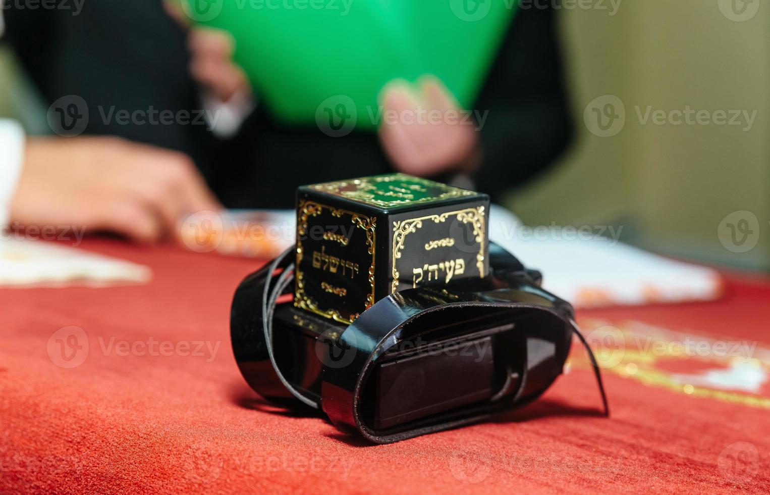 Tefillin. Bar Mitzvah background of a prayer shawl photo