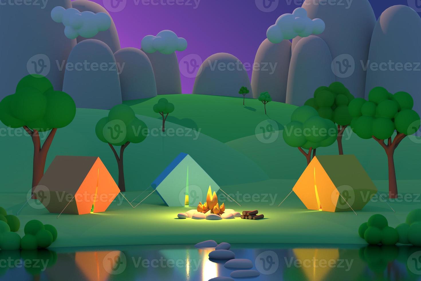 Summer camp in the forest in the night on a background of mountains. Colored tents around the fire. 3D render photo