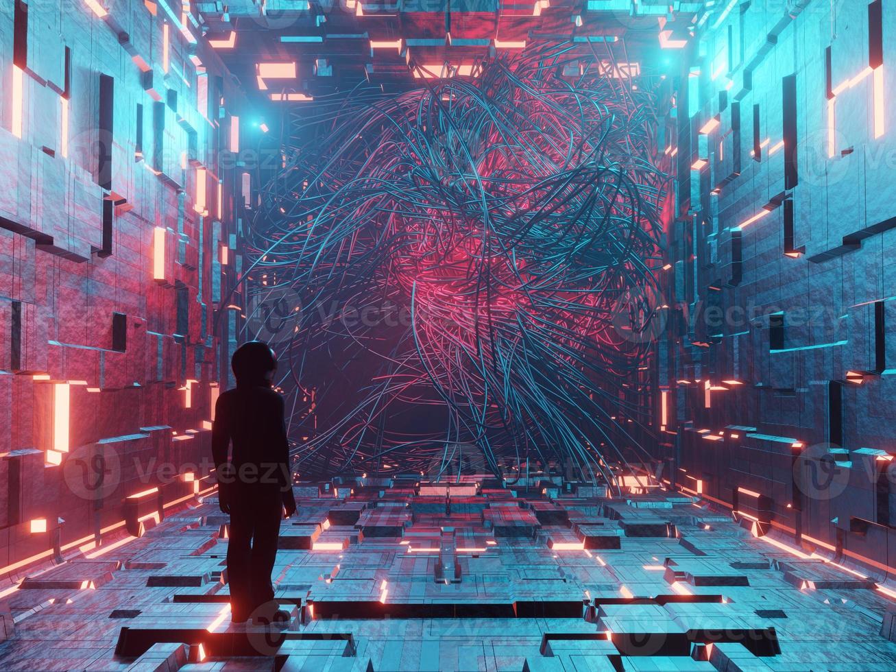 un hombre, un astronauta se para en un corredor futurista y mira los tentáculos alienígenas. silueta contra el telón de fondo de un paisaje fantástico. representación 3d foto