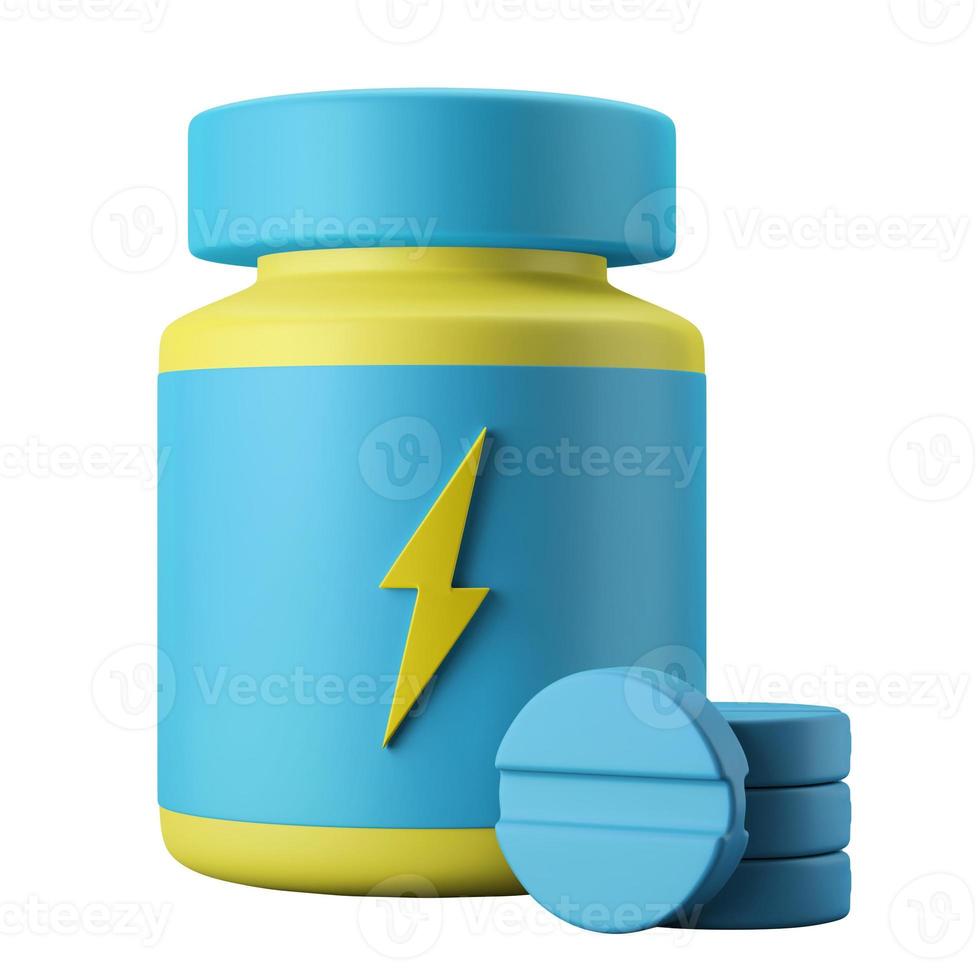 protein pills and bottle jar dietary bodybuilding supplement 3d rendering icon illustration fitness theme photo