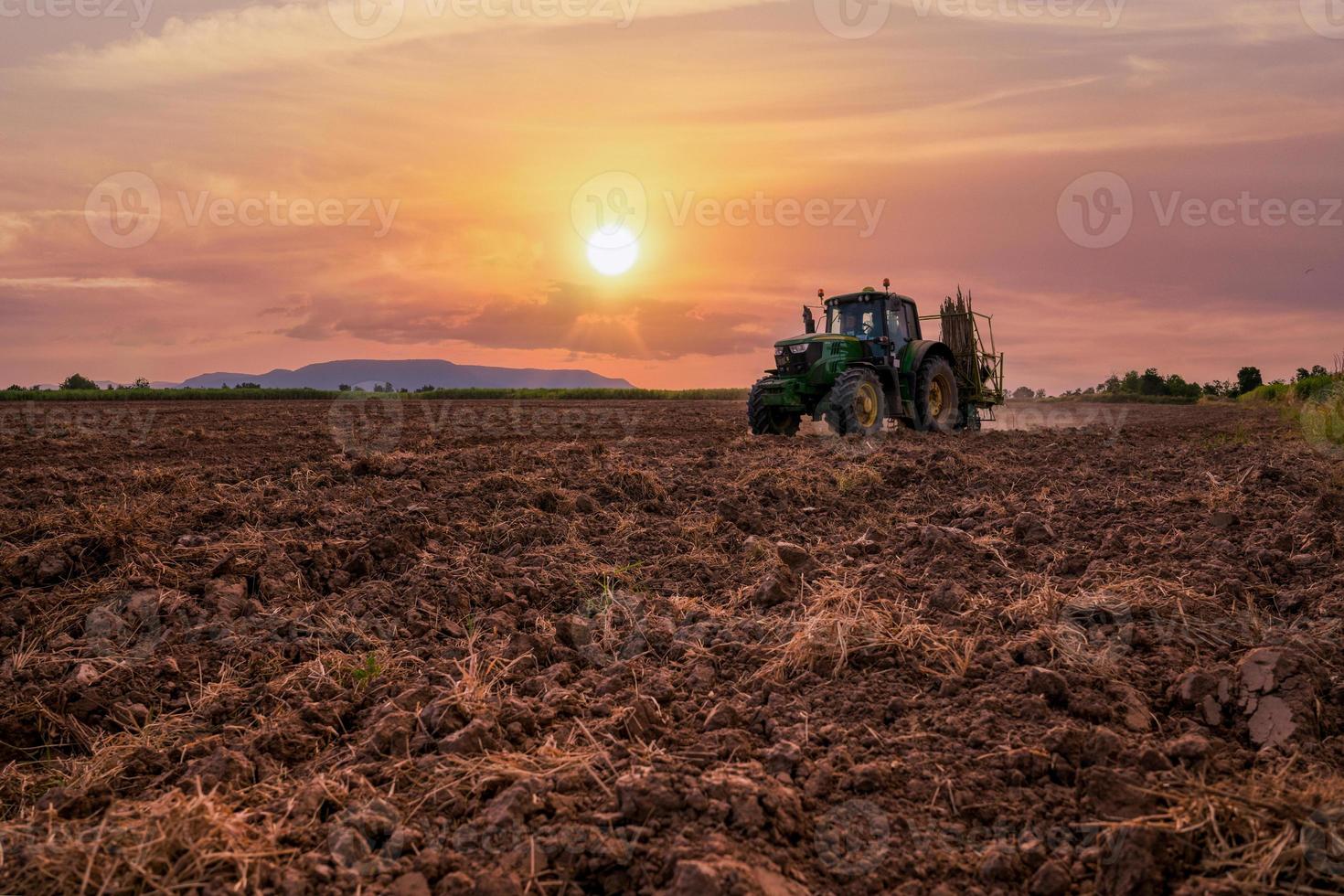 máquina trabajando en tierras agrícolas al atardecer, plantando caña de azúcar máquina trabajando foto