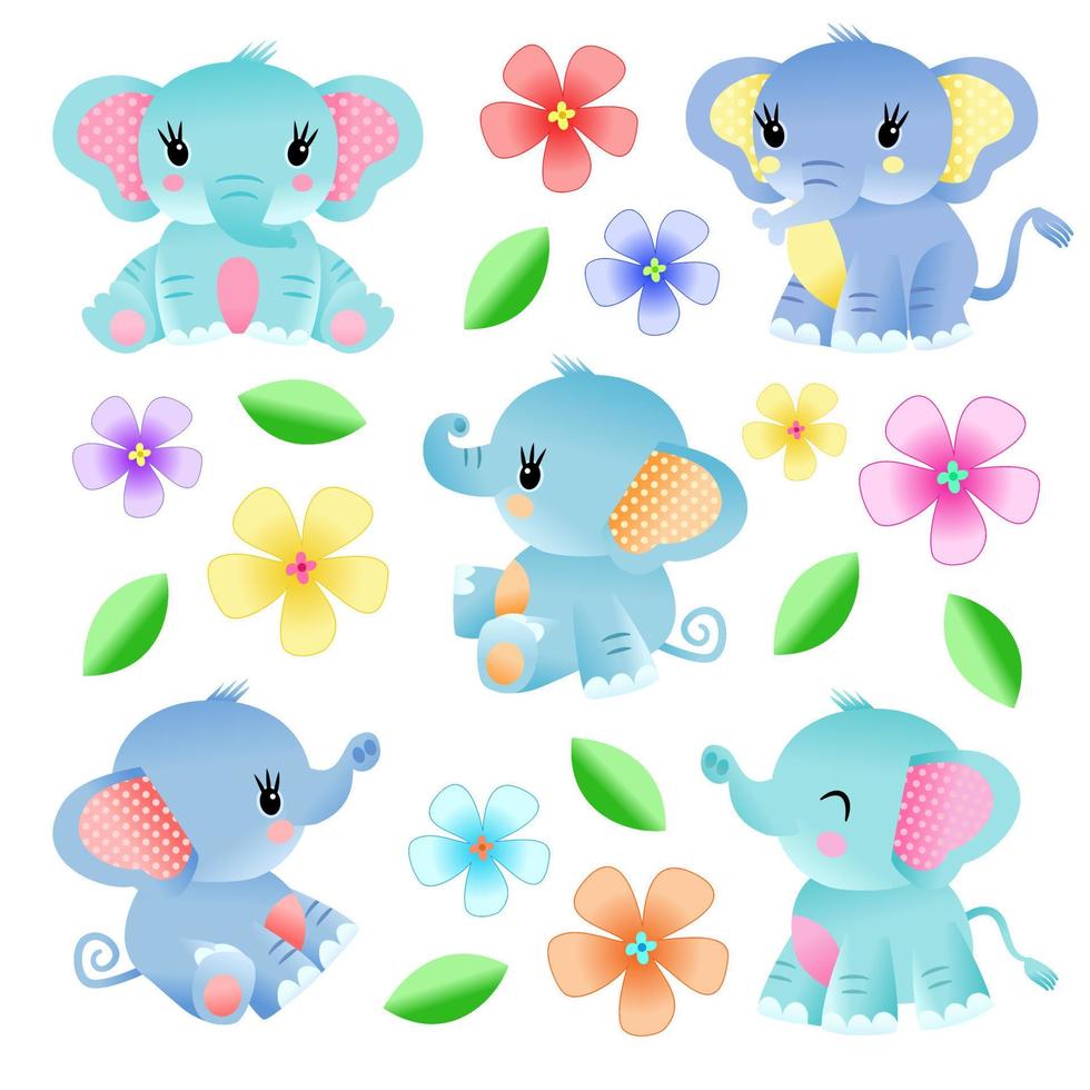 Cute Adorable Baby Elephants and Floral Set vector