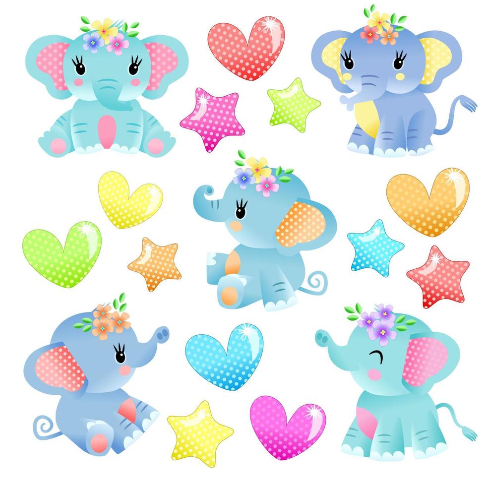 adorable juego de elefantes y corazones para baby shower vector