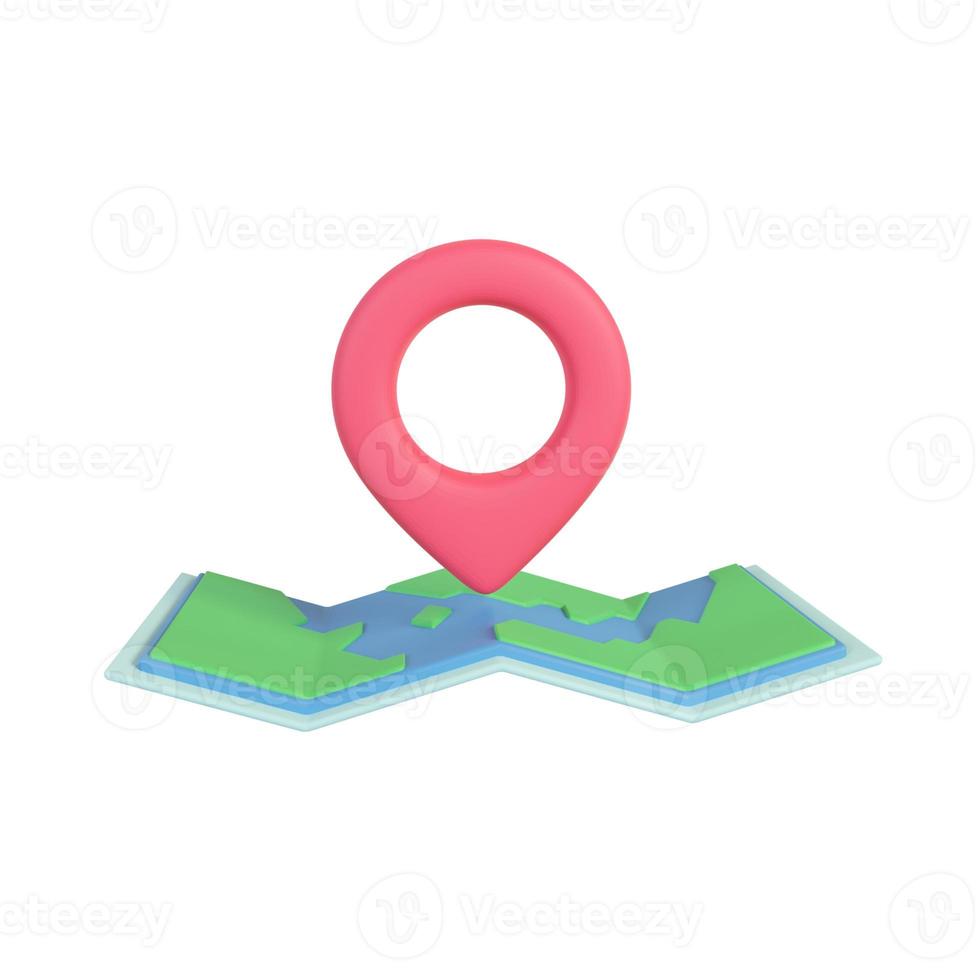 A red pin pinned to a paper map. route finder concept. 3D Rendering. photo