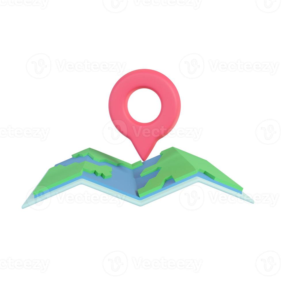 A red pin pinned to a paper map. route finder concept. 3D Rendering. photo