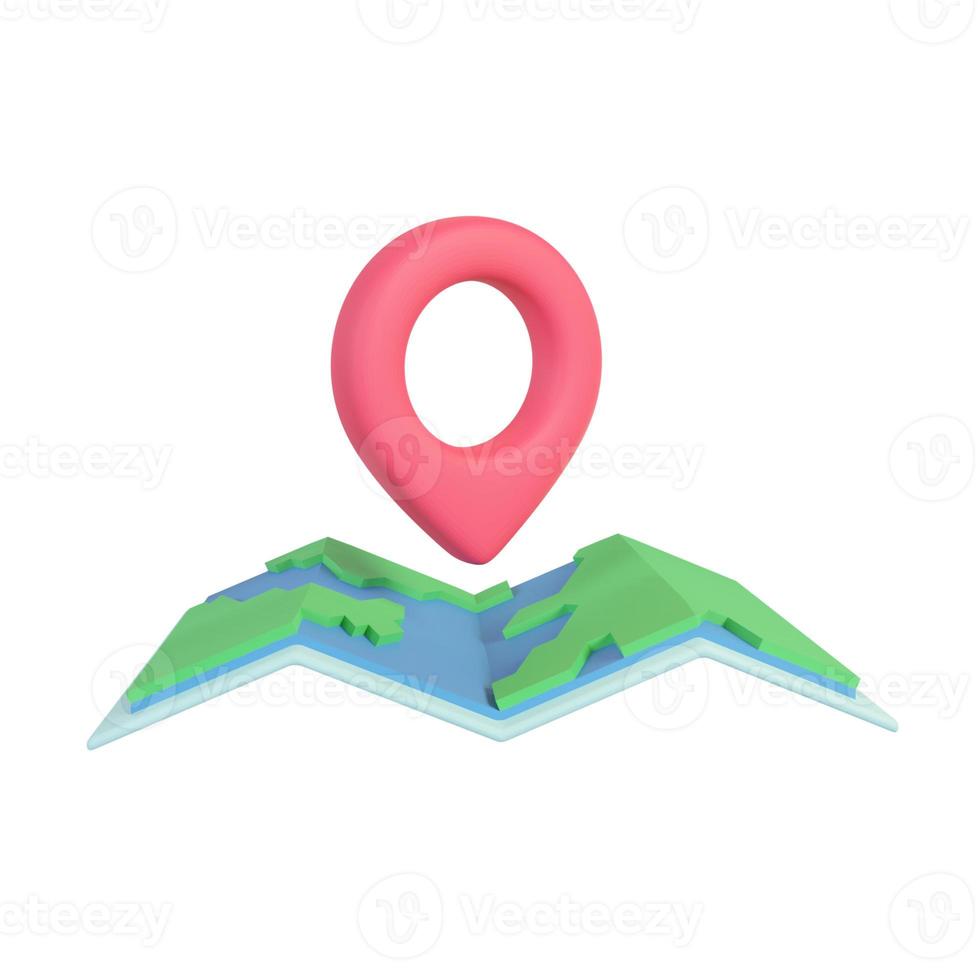 A red pin pinned to a paper map. route finder concept. 3D Rendering. photo