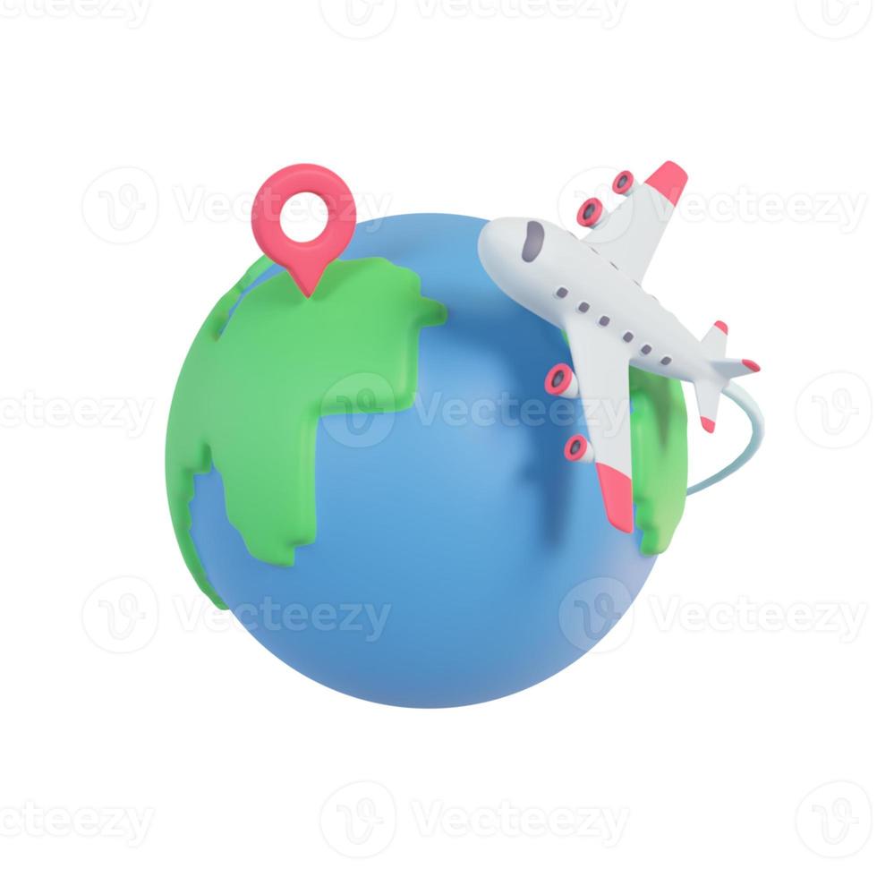 avión de pasajeros volando alrededor del mundo. idea de viaje de vacaciones. representación 3d foto