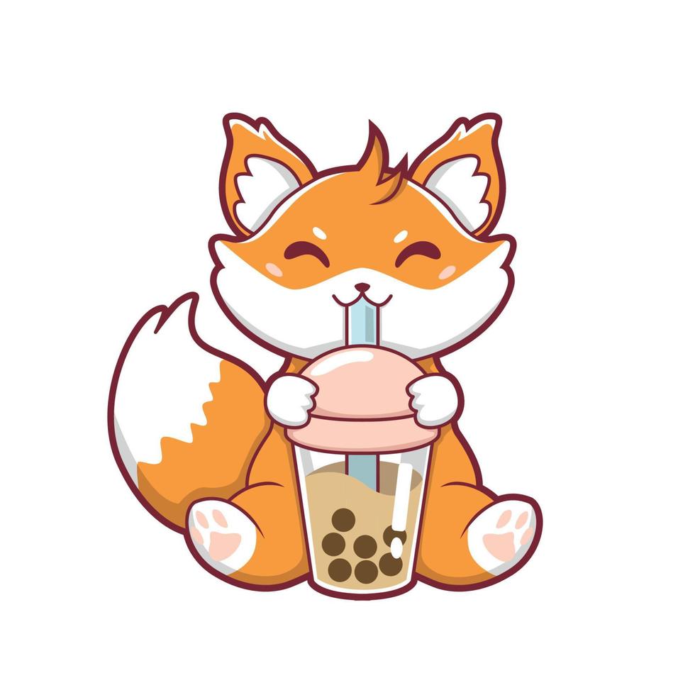 fox cute drinking boba vector illustration design