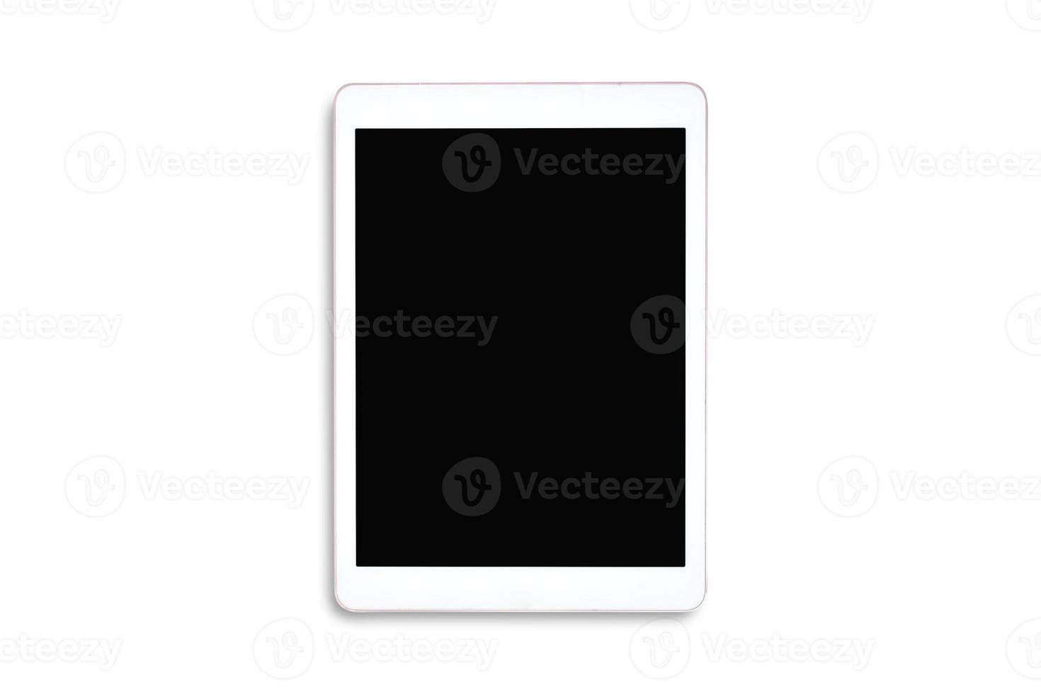 Clipping path. Top view to white tablet computer isolated blank on black screen on white background view. Flat lay  of Tablet isolated. Mockup. photo