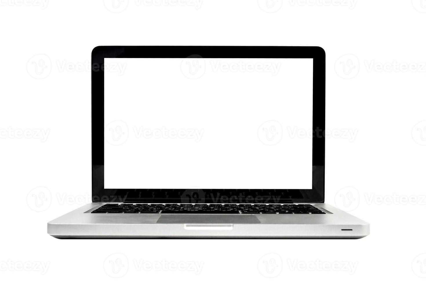 Clipping path. Close up of Laptop empty blank white screen isolated on white background view. Laptop isolatedview. Office and the business laptop on white background. Mockup photo