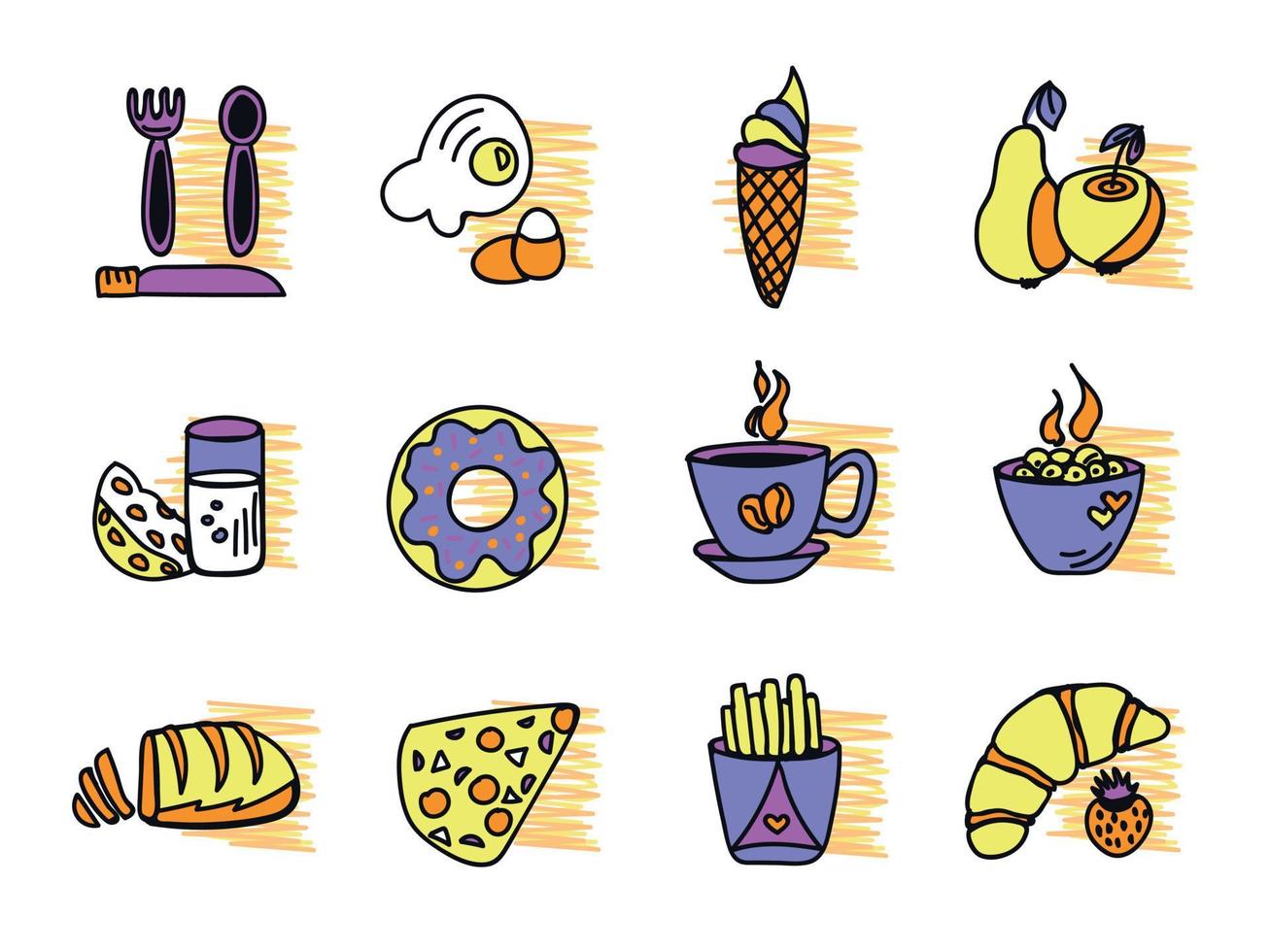 doodle brillante de comida, conjunto de iconos en tonos amarillo-violeta vector