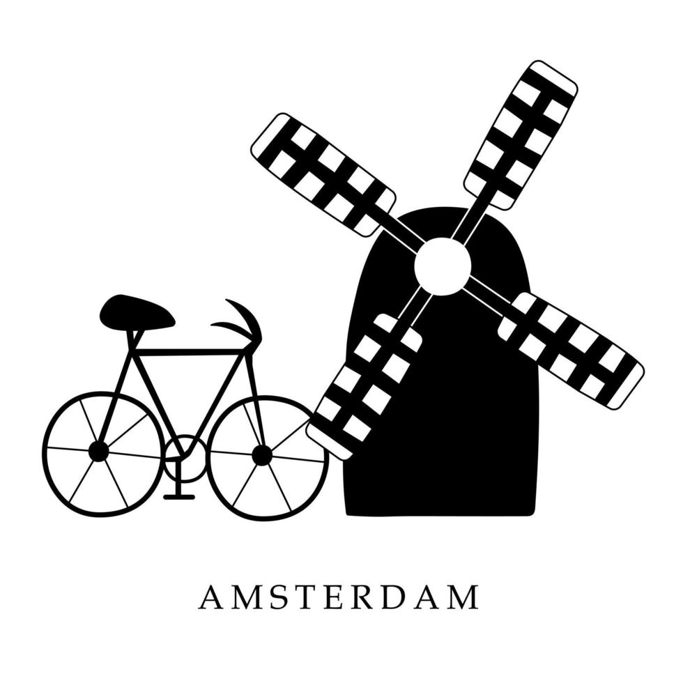 European capitals, Amsterdam. Black and white illustration vector