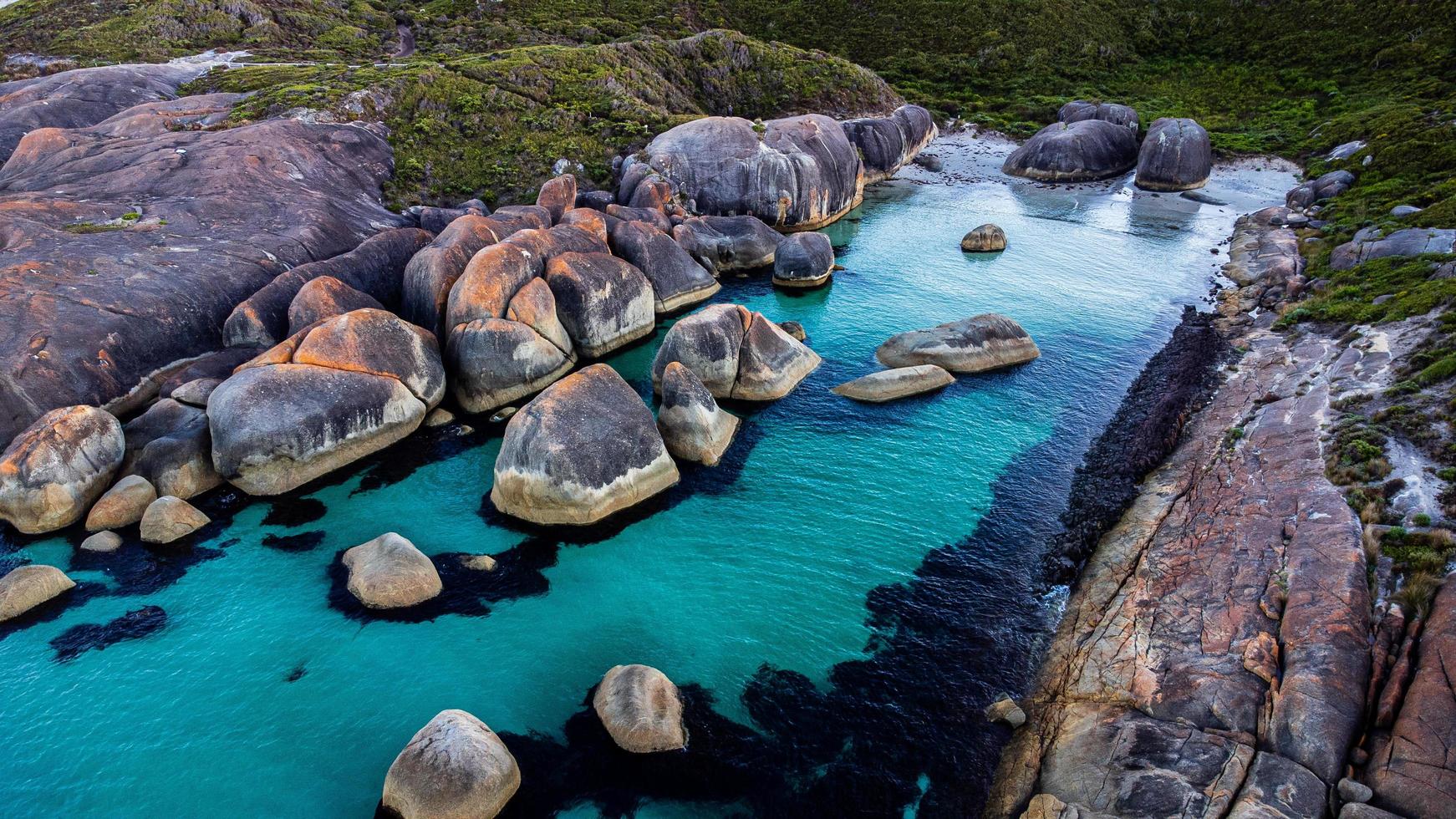 Aerial footage of the Elephant Rocks of the William Bay National Park WA photo