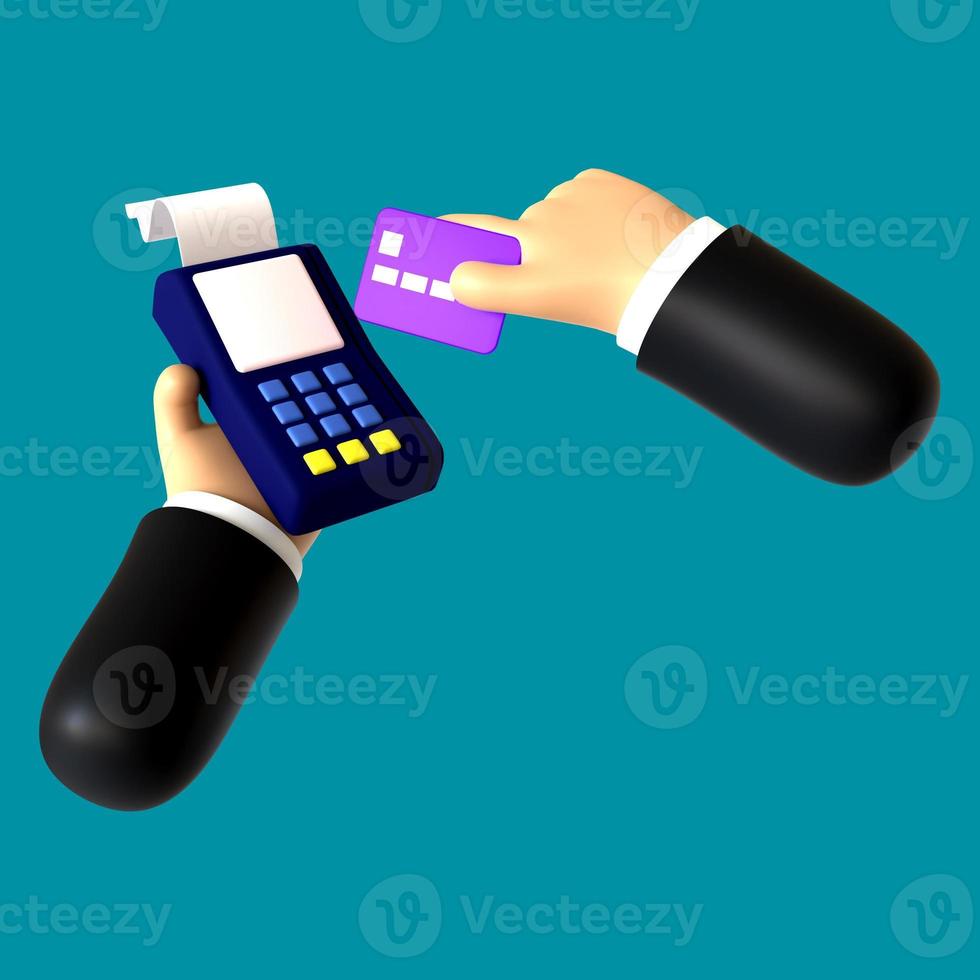 Ilustración 3d de un gesto de mano sosteniendo un pago con tarjeta de crédito foto