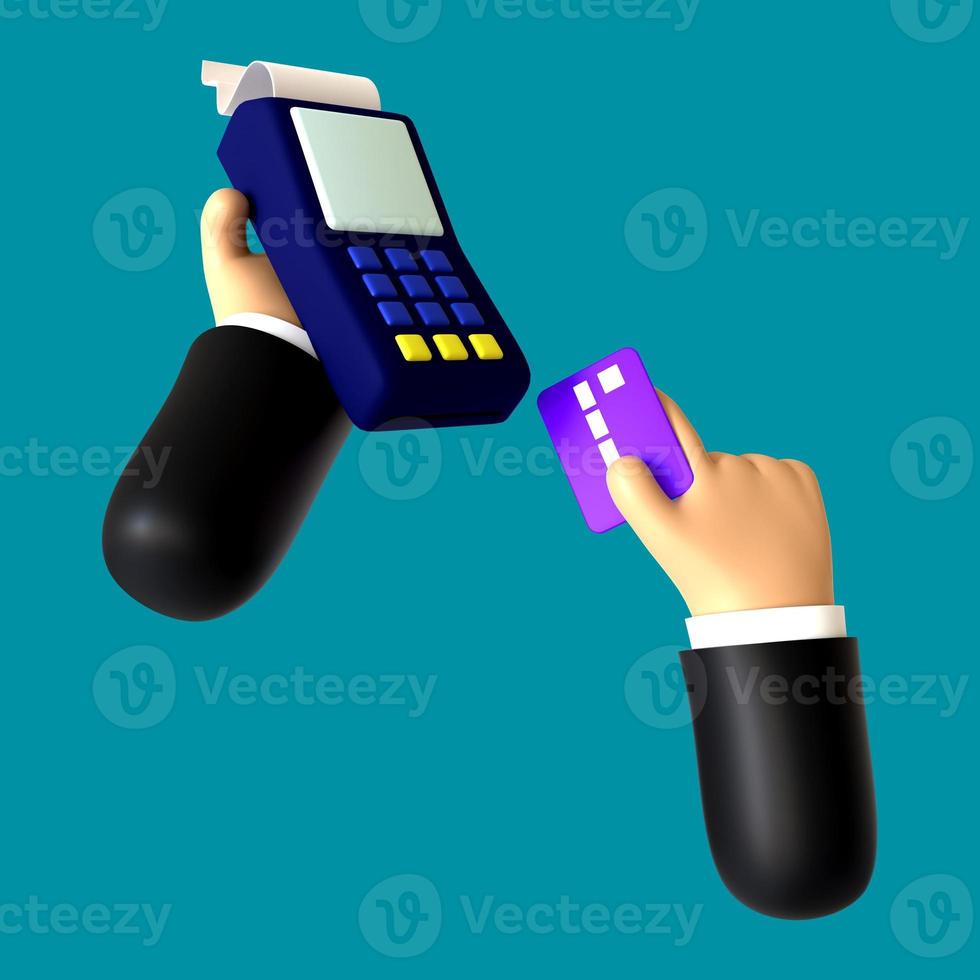 Ilustración 3d de un gesto de mano sosteniendo un pago con tarjeta de crédito foto