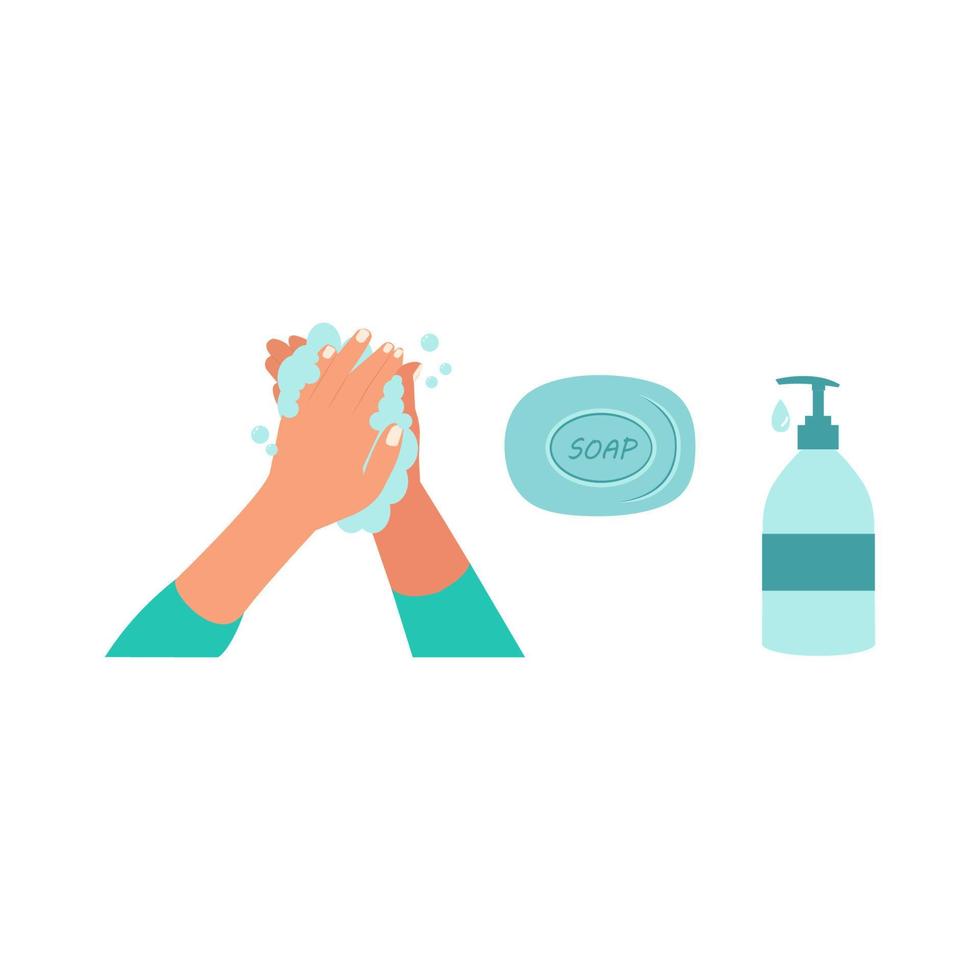 Hand washing. A bottle of liquid antibacterial soap with a dispenser and a piece of soap. Moisturizing disinfectant. The concept of disinfection, hygiene, skin care. Vector illustration in flat style