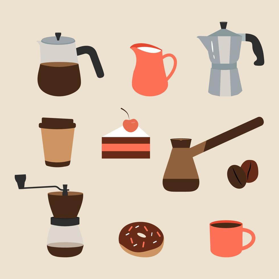 conjunto de elementos de café, bebidas, postres, frijoles y otros objetos relacionados.ilustración vectorial vector