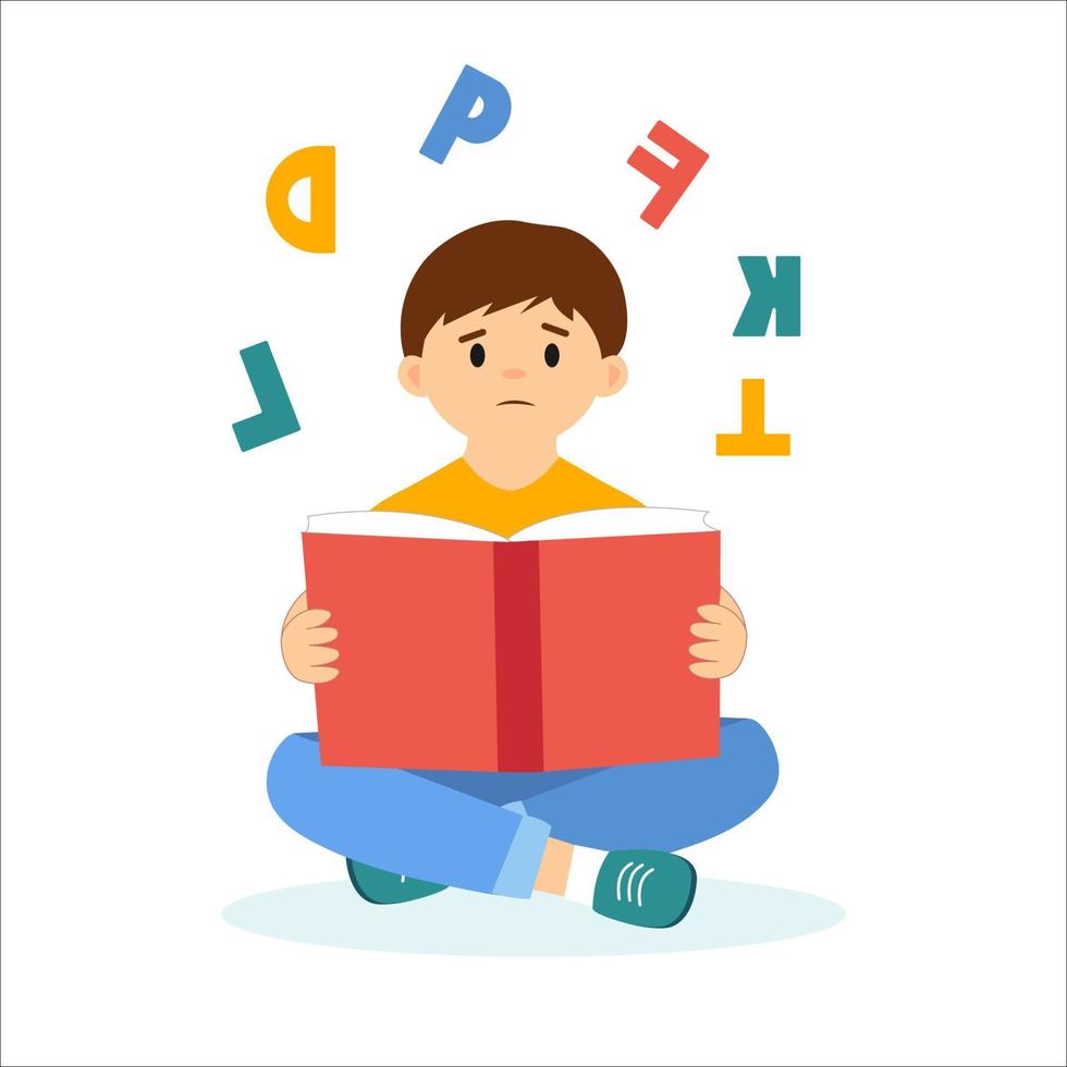 Dyslexia, inability to read. Learning disability concept. Sad boy holding a book. Scattered letters above his head.Flat vector illustration
