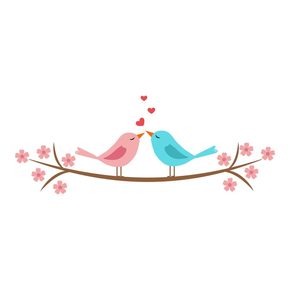 Love birds on top of a branch. Valentine's day card.Wedding invation. Vector illustration,Isolated on white background