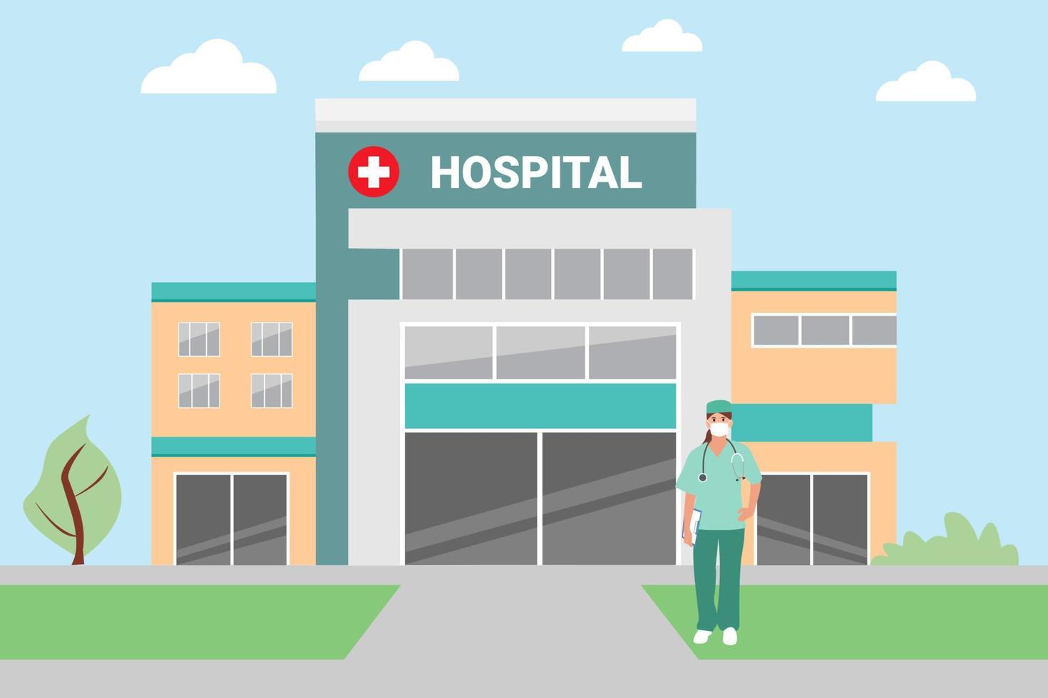The hospital building is professional medical center. Modern Hospital hospital  Outdoor.Professional doctor on Clinic Backdrop. Vector Flat Cartoon Illustration