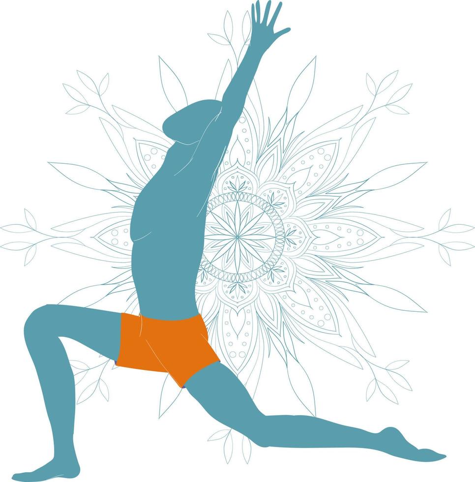 un hombre practicando yoga. siluetas con mandala en el fondo. anjaneyasana o postura de la luna creciente. ilustración vectorial vector