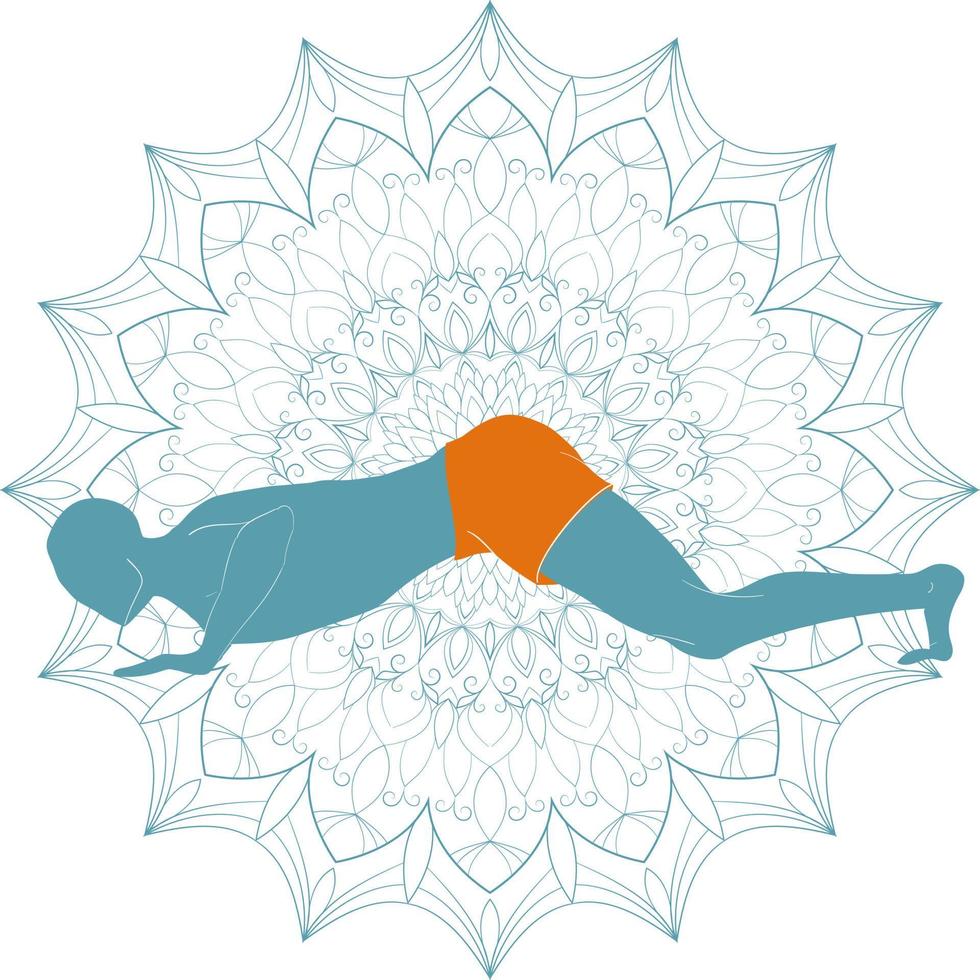 A man practicing yoga. Silhouettes with mandala on the background. Ashtanga Namaskara or Eight Limbed pose, Caterpillar pose. Vector illustration