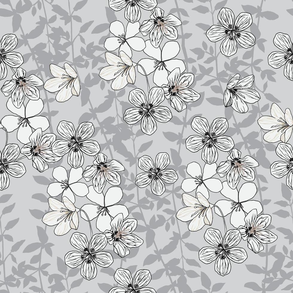 Creative seamless pattern with hand-drawn flowers and silhouettes of leaves. Modern floral background. Wallpaper, fabric, and textile design. Good for wrapping paper and ceramic  tile prints vector
