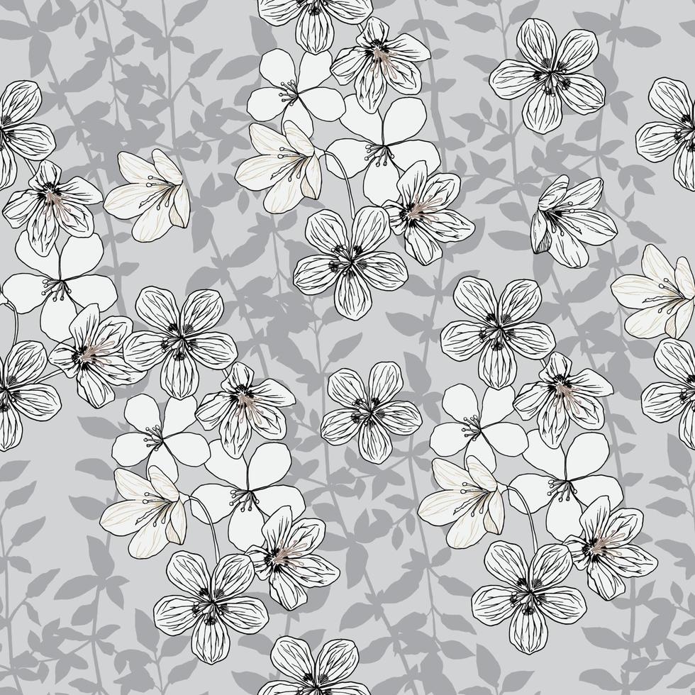 patrón creativo sin fisuras con flores dibujadas a mano y siluetas de hojas. fondo floral moderno. papel tapiz, tela y diseño textil. bueno para envolver papel e impresiones de baldosas de cerámica vector