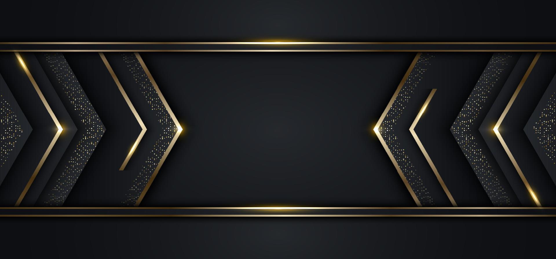 diseño de plantilla de banner de lujo moderno triángulos de flecha negra y brillo dorado 3d rayas doradas línea de luz chispeando sobre fondo oscuro vector