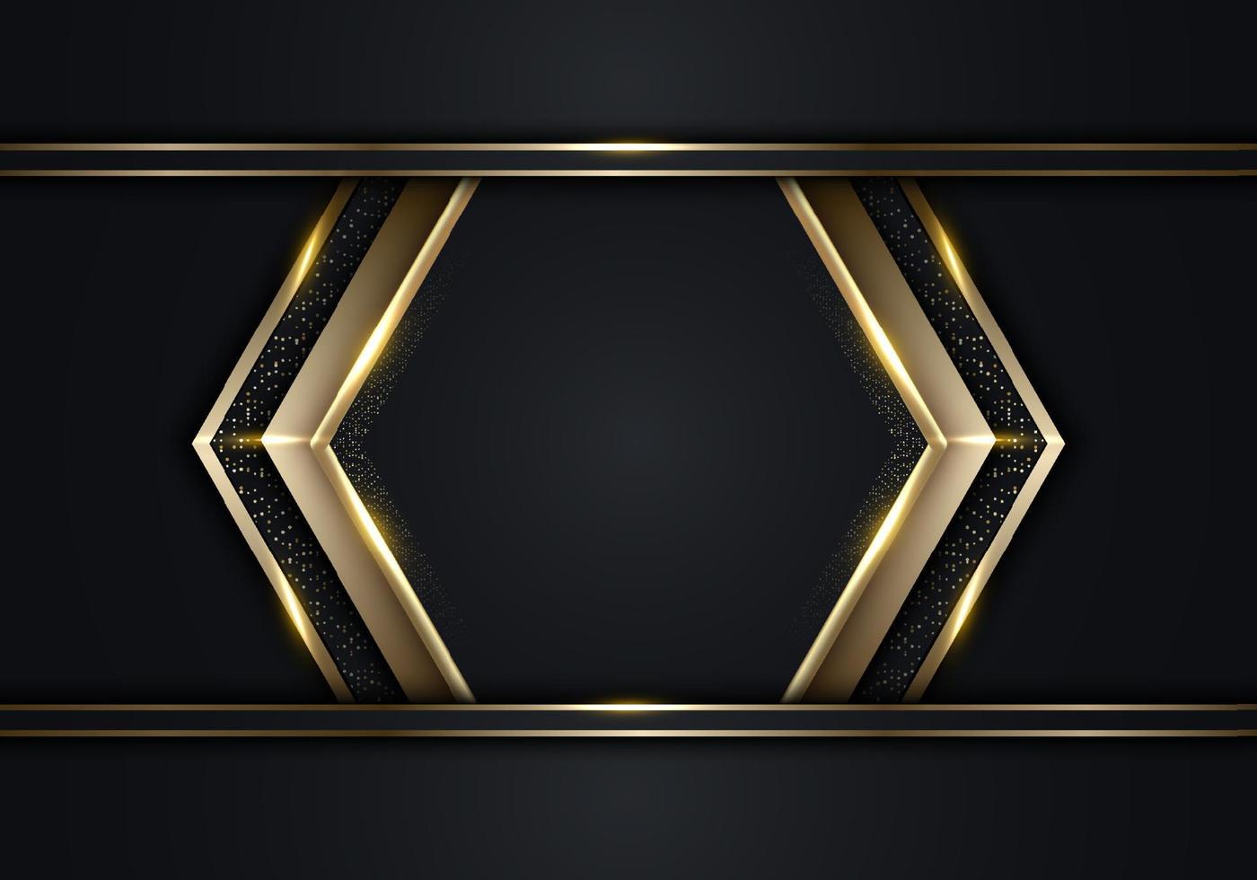 Modern luxury banner template design black arrow triangles and golden glitter 3D gold stripes line light sparking on dark background vector