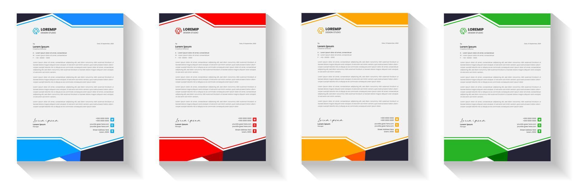 plantilla de diseño de membrete moderno corporativo con color amarillo, azul, verde y rojo. plantilla de diseño de encabezado de carta moderna y creativa para su proyecto. membrete, membrete, diseño de membrete comercial. vector