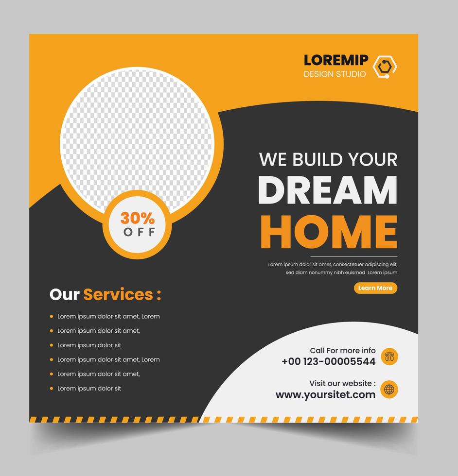 Construction social media post banner design Template with yellow color, Corporate construction tools social media post design,  home improvement banner template, home repair social media post banner. vector