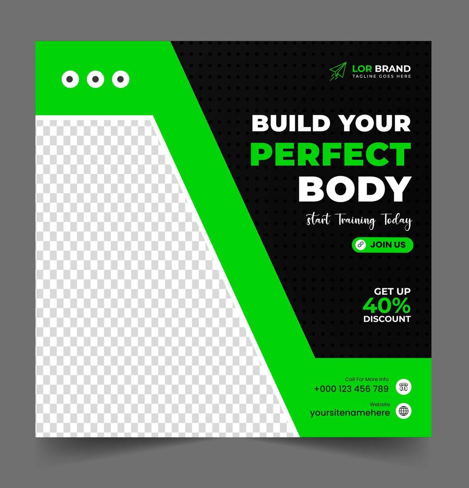 plantilla de banner de publicación de redes sociales de gimnasio de fitness con color negro y verde, banner de redes sociales de gimnasio, ilustración vectorial vector