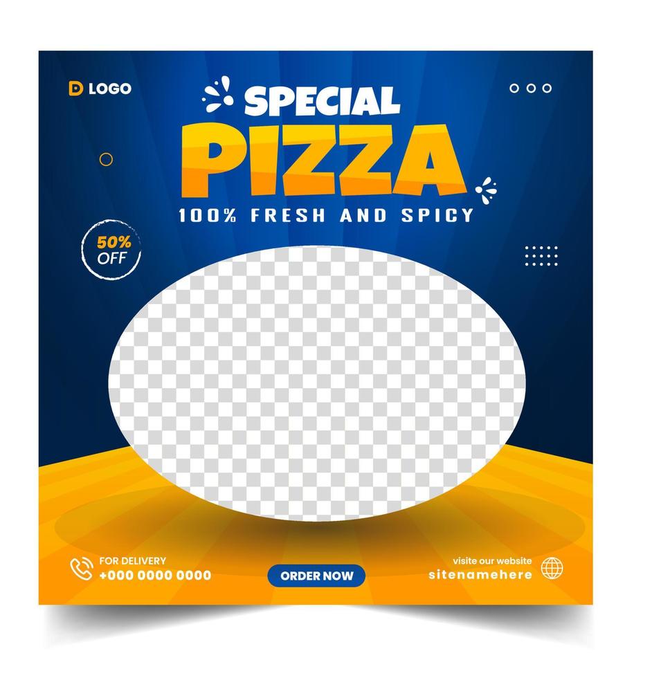 plantilla de publicación de banner de redes sociales de pizza. pancarta social de pizza, diseño de pancarta de pizza, plantilla de redes sociales de comida rápida para restaurante. diseño de banner de publicación de pizza en redes sociales con color azul y naranja. vector