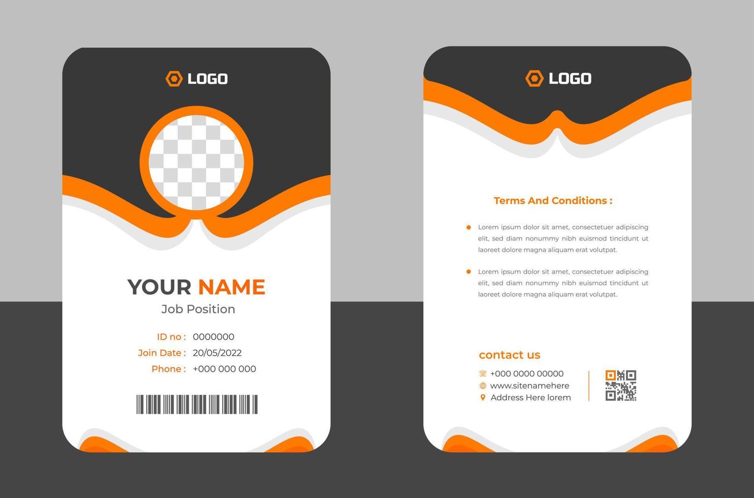 plantilla de tarjeta de identificación comercial moderna y limpia. plantilla de diseño de tarjeta de identificación profesional con color naranja. plantilla de diseño de tarjeta de identificación empresarial moderna corporativa. plantilla de tarjeta de identificación de empleado de la empresa. vector