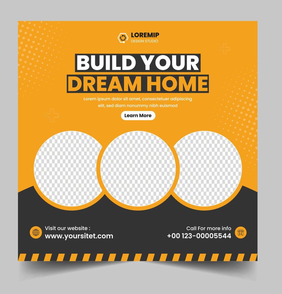 Construction social media post banner design Template with yellow color, Corporate construction tools social media post design,  home improvement banner template, home repair social media post banner. vector