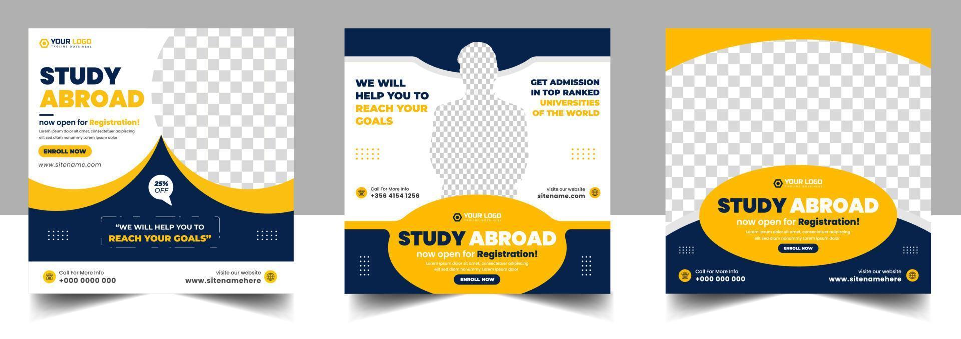 Study abroad social media post banner design. higher education social media post banner design set. school admission promotion banner. school admission template for social media ad. vector