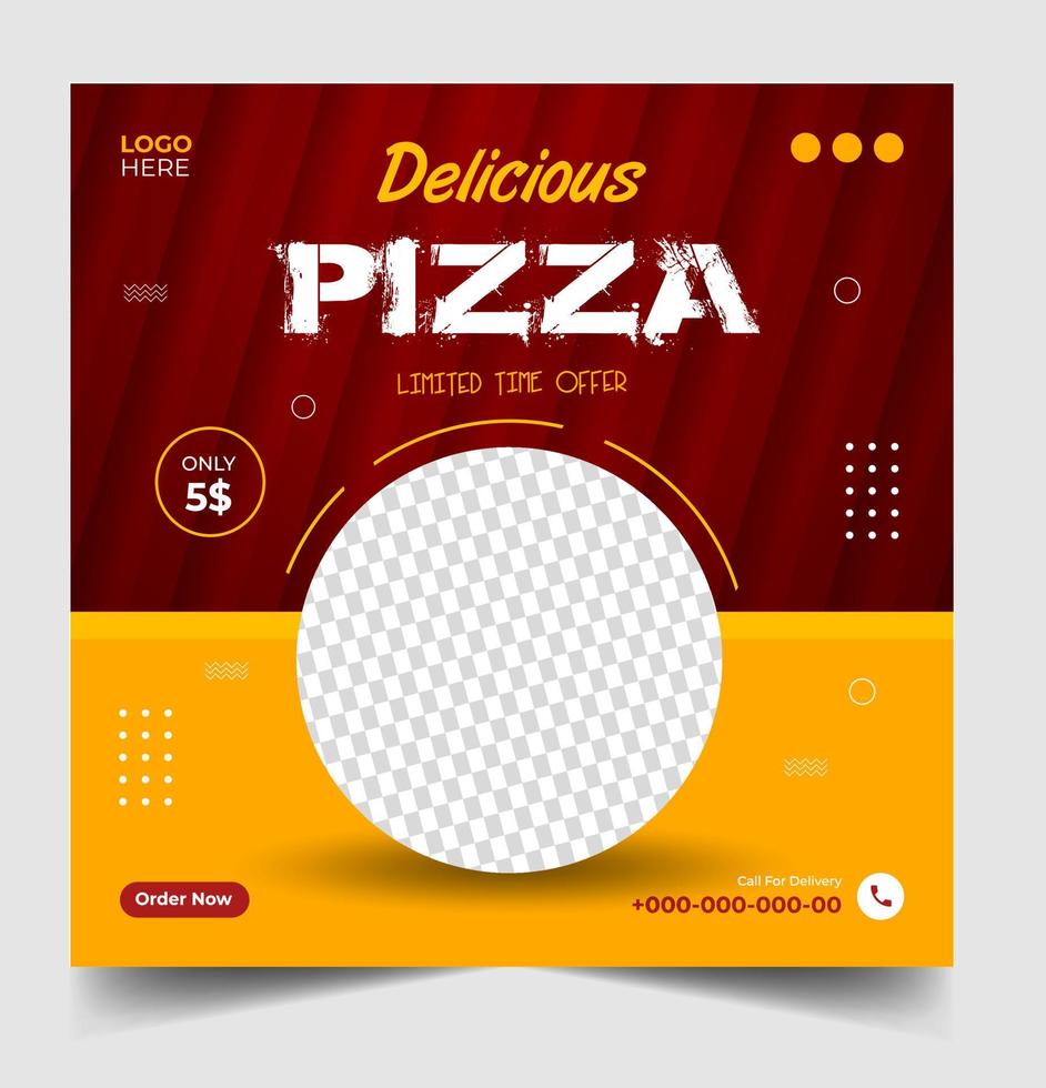 plantilla de publicación de banner de redes sociales de pizza. pancarta social de pizza, diseño de pancarta de pizza, plantilla de redes sociales de comida rápida para restaurante. diseño de banner de pizza en medios sociales con color amarillo y rojo. vector