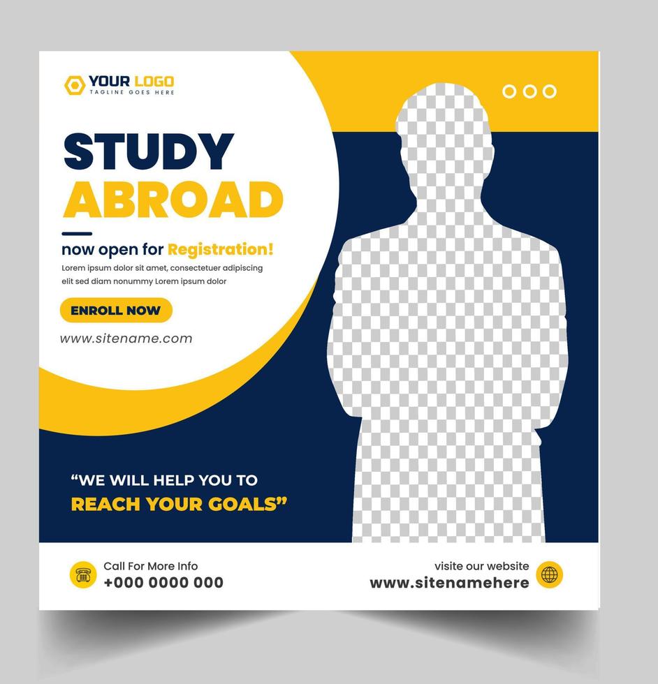 Study abroad social media post banner design. higher education social media post banner design. school admission promotion banner. school admission template for social media ad. vector